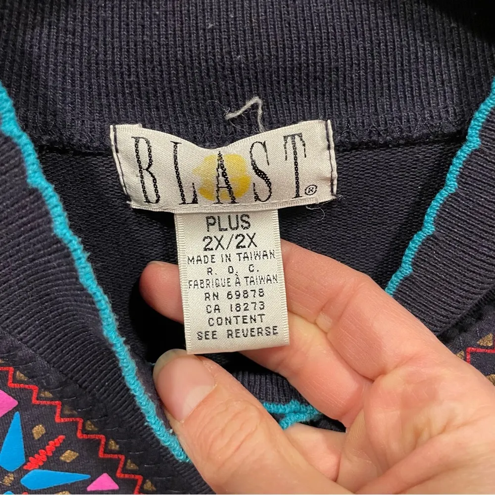 Funky 80’s oversized textured double v scallop neck sweatshirt top geometric Blue Size 2X - Image 3