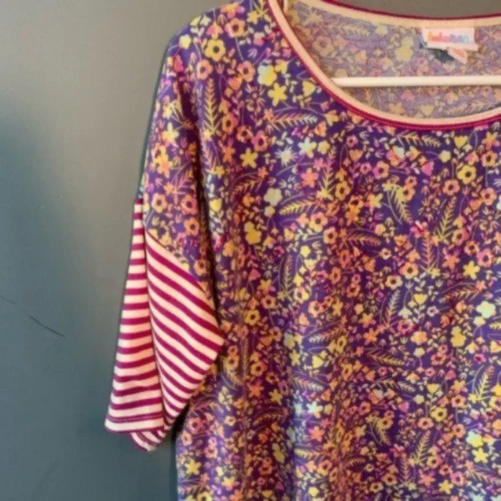 Lularoe Irma Tunic Top Purple Floral Pink Stripe Sleeve - Image 7