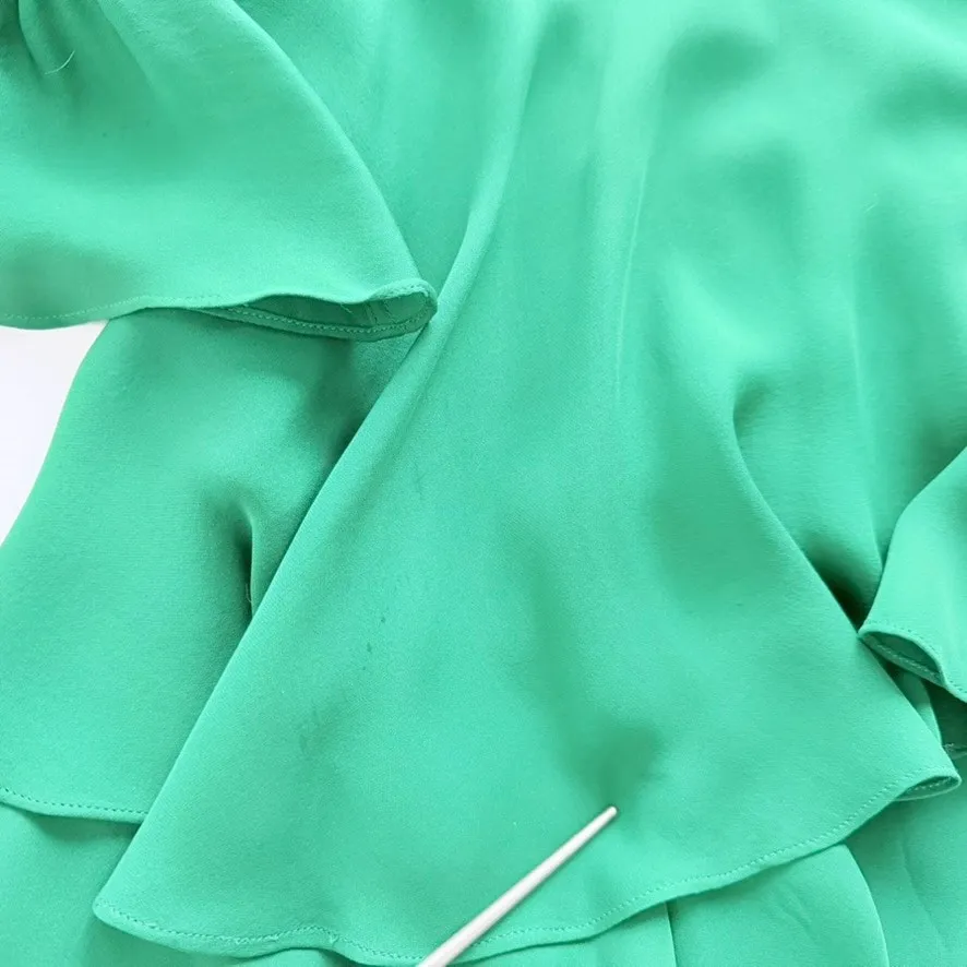 Alice + Olivia Moore Tiered Dress Green Silk Size Small Ruffle Long Sleeve Short - Image 7