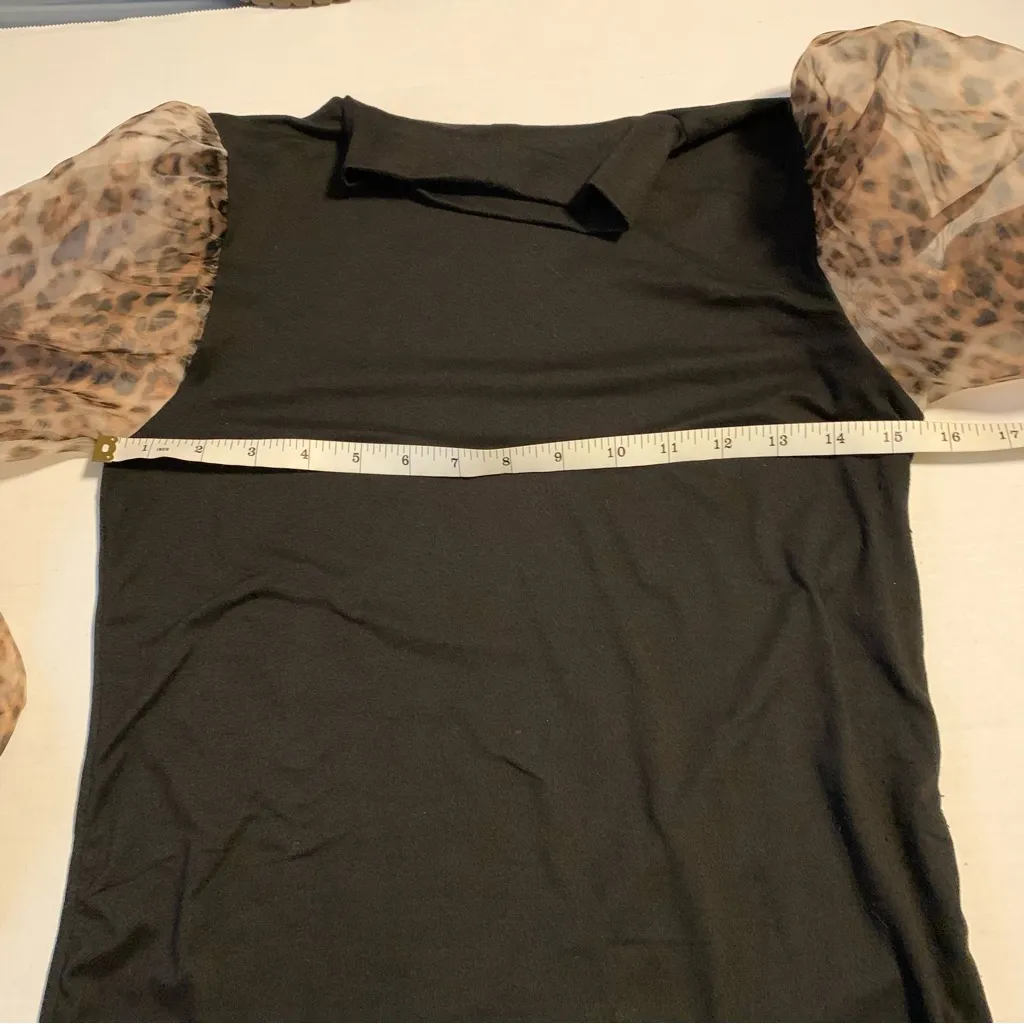 Black Turtleneck Top with Leopard Print Sheer Sleeves Size M - Image 4