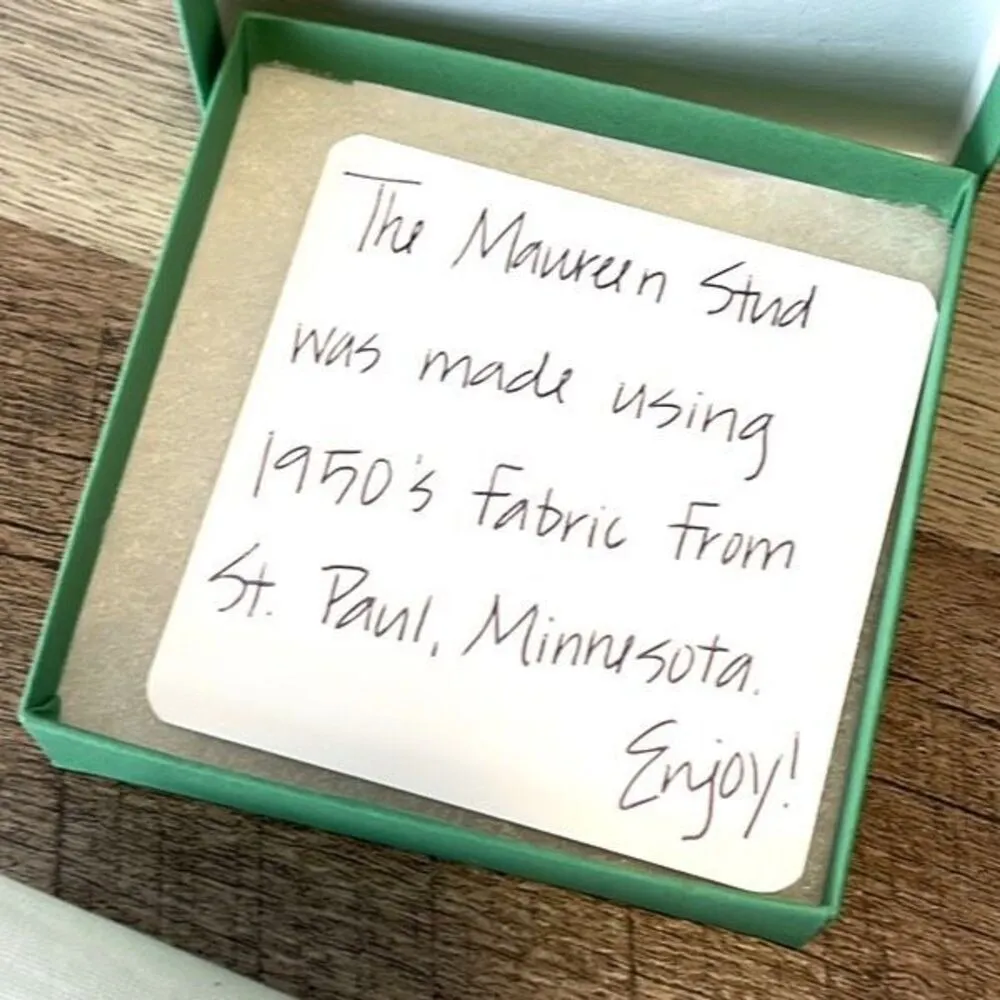 Katie Lynne Maureen Stud Earrings Vintage Textile 1950’s Fabric from St. Paul Mi Gold - Image 4