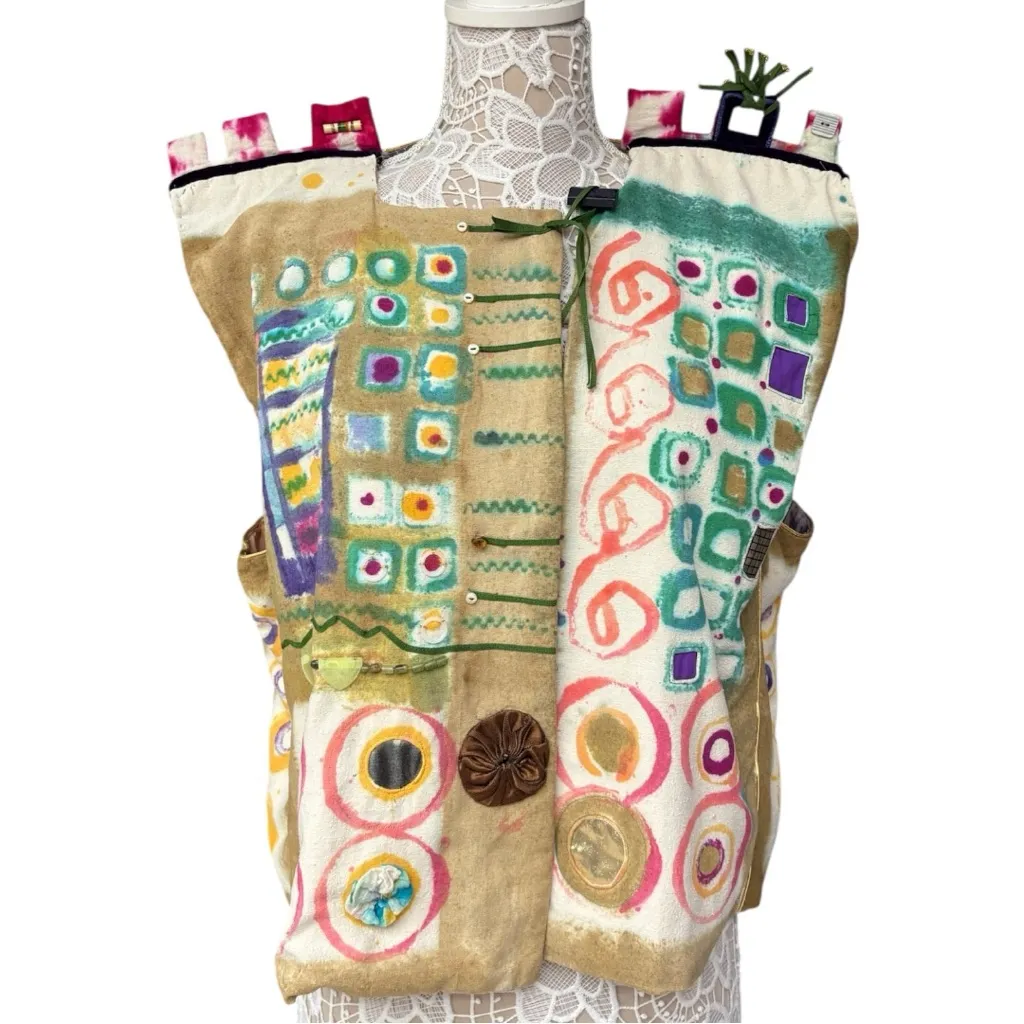 Handmade Artsy Vest, Funky Abstract Print, Colorful Patterned Vest Eclectic EUC - Image 2
