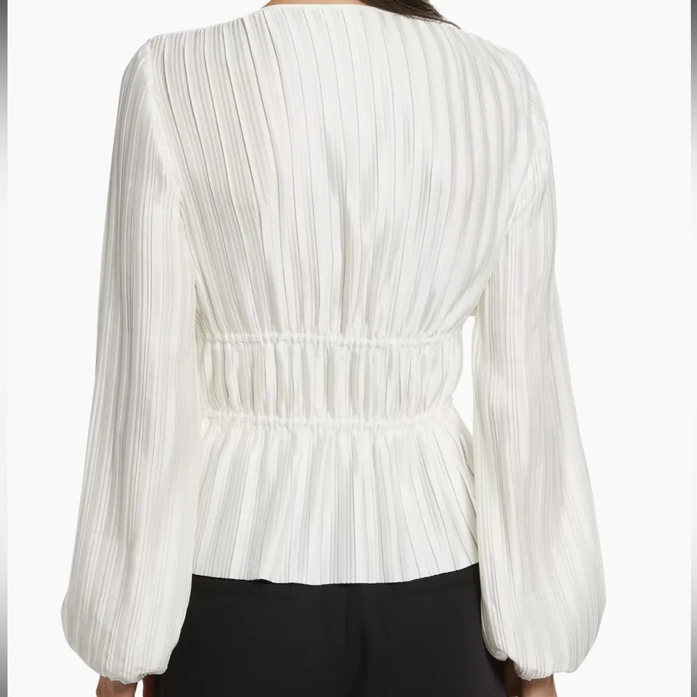 WAYF Payton blouse | White | Small | Tie front sparkly bow pleated satin v neck - Image 10