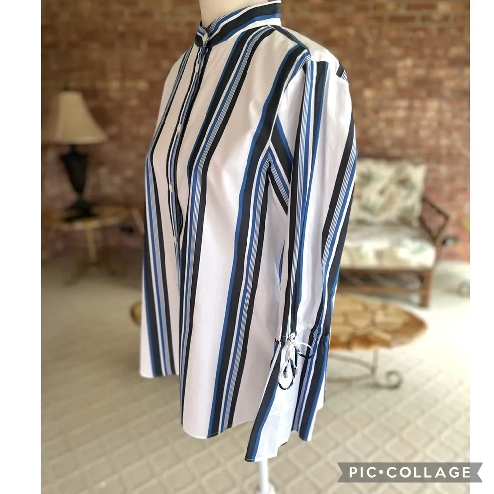 W by Worth Top White Blue Striped Flared Cuff Button Down S Office Work Job Chic - Image 5