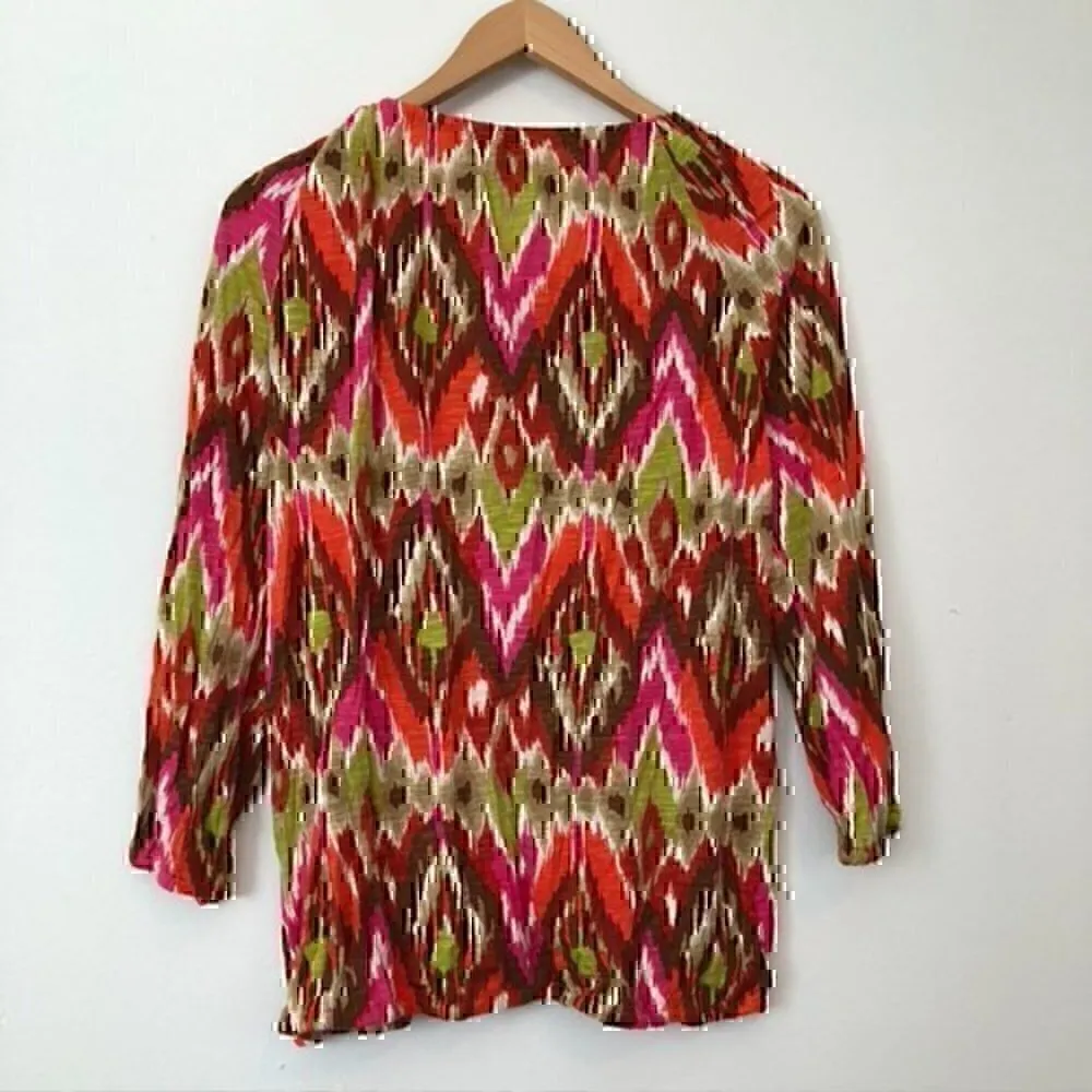 NEW NWT JONES NEW YORK Pink Orange Lime Green Brown Ikat Boho 3/4 Sleeve Blouse - Image 5