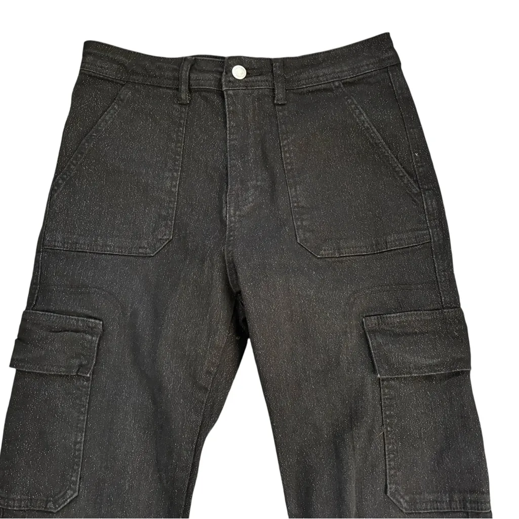 Forever 21 Juniors Black Glitter Cargo High Rise Flare Leg Jean 29X32” Stretch - Image 3