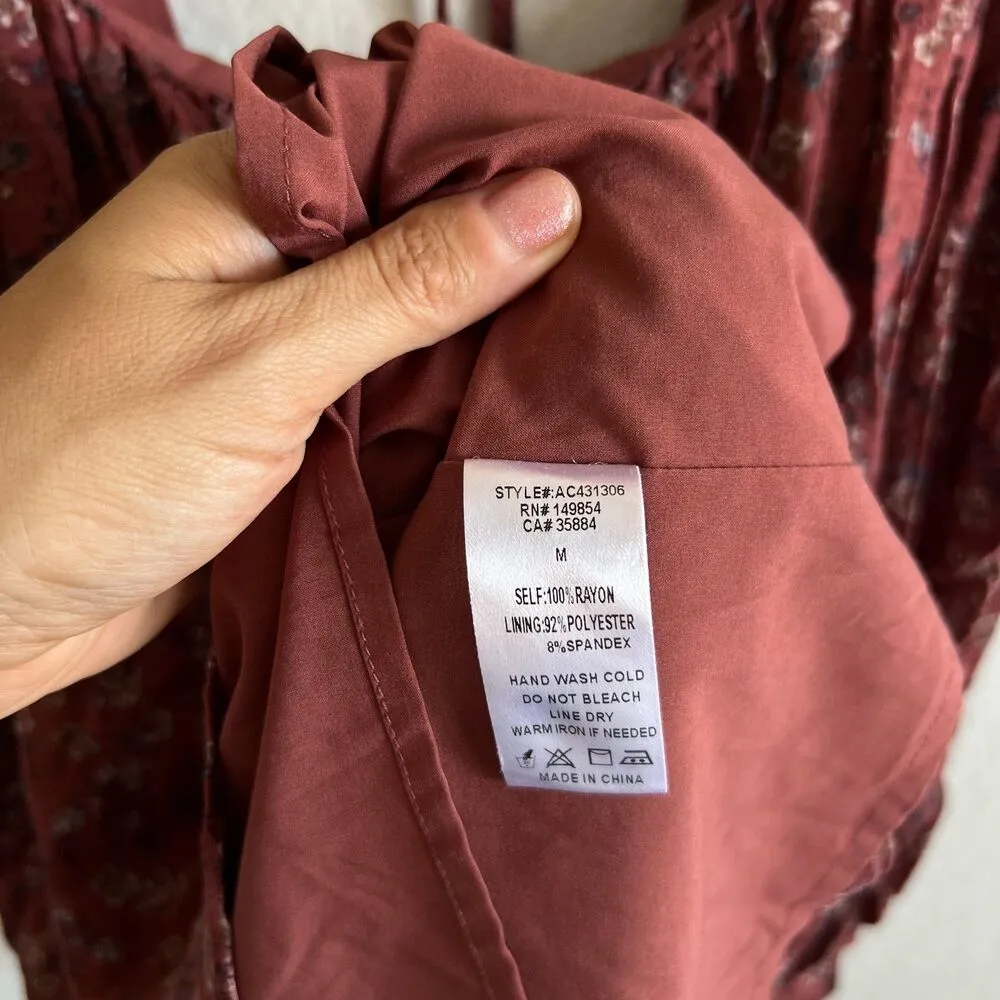 SADIE & SAGE Floral Burgundy Rust Long Sleeve Bodycon Mini Dress Womens Medium Red - Image 8