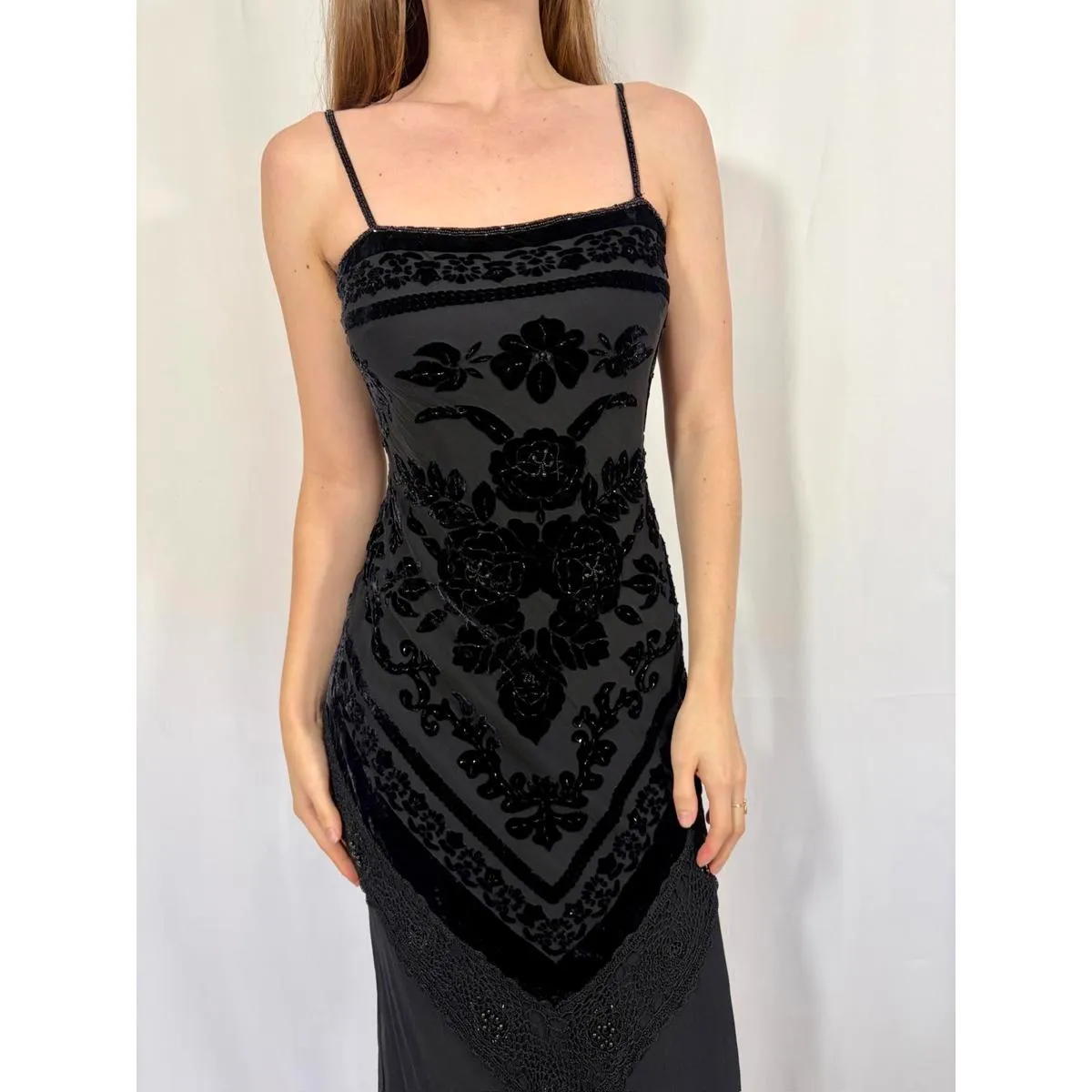 Black Sue Wong Nocturne Beaded Velvet Crochet Fringe Evening Dress - Image 7