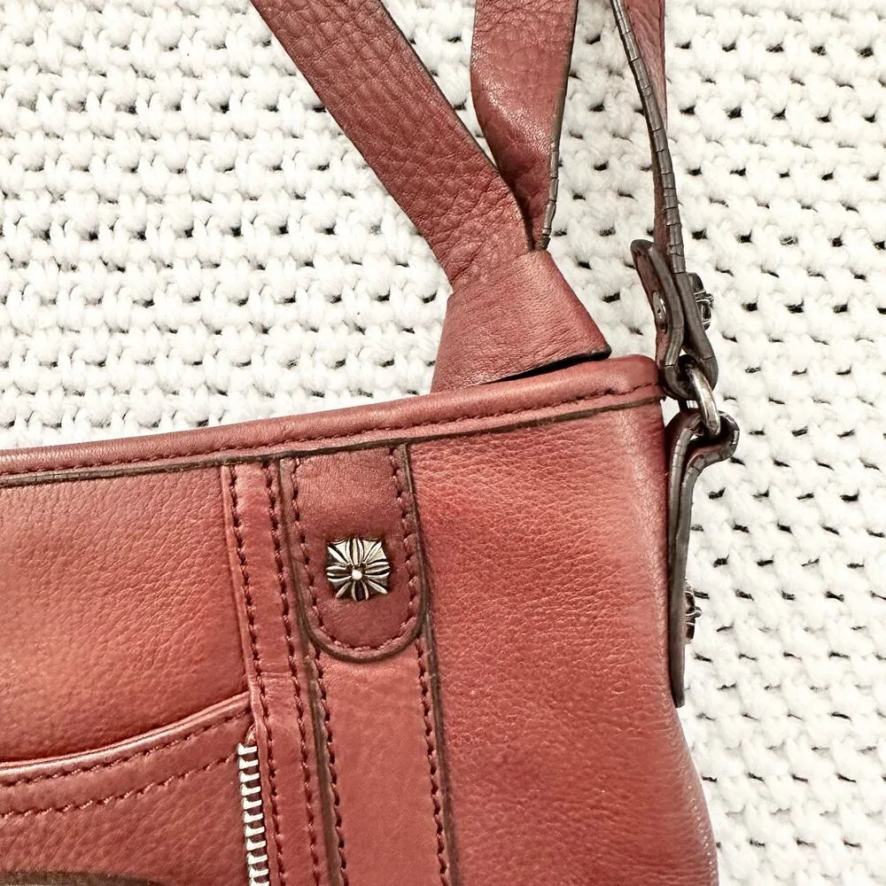 B Makowsky Cognac Tan Slim Small Crossbody Bag Silver Metal Banner Name Hardware - Image 4