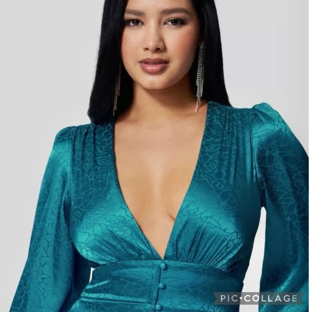 Bebe Mini Dress Bodycon Satin Jacquard Teal Blue XS Cocktail Low Plunging Neck - Image 14