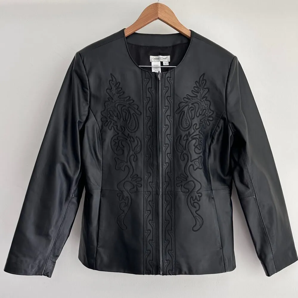 Vintage Leather Jacket Womens Large Embroidery Boho Chic Artsy Festival Vampire Black - Image 1