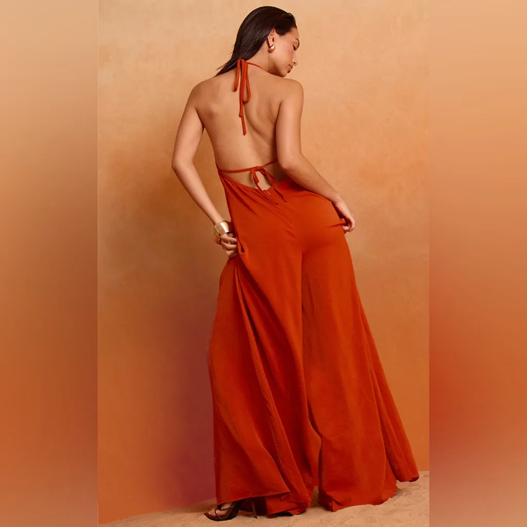 PrettyLittleThing Rust Halter Jumpsuit - Image 2