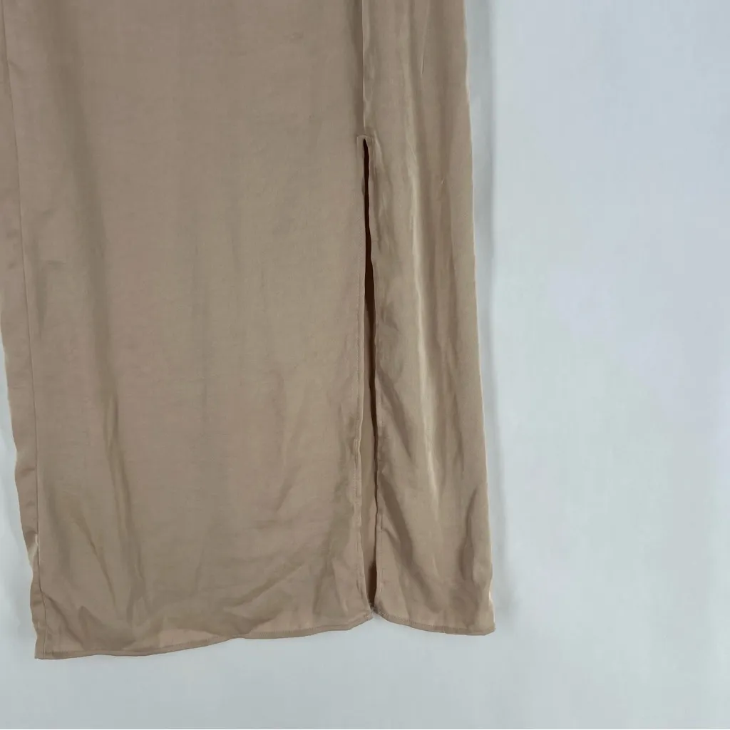 Nap Loungewear Elegant Matte‎ Satin Nude Spaghetti Strap Midi Slit Dress Size M Tan Size M - Image 8