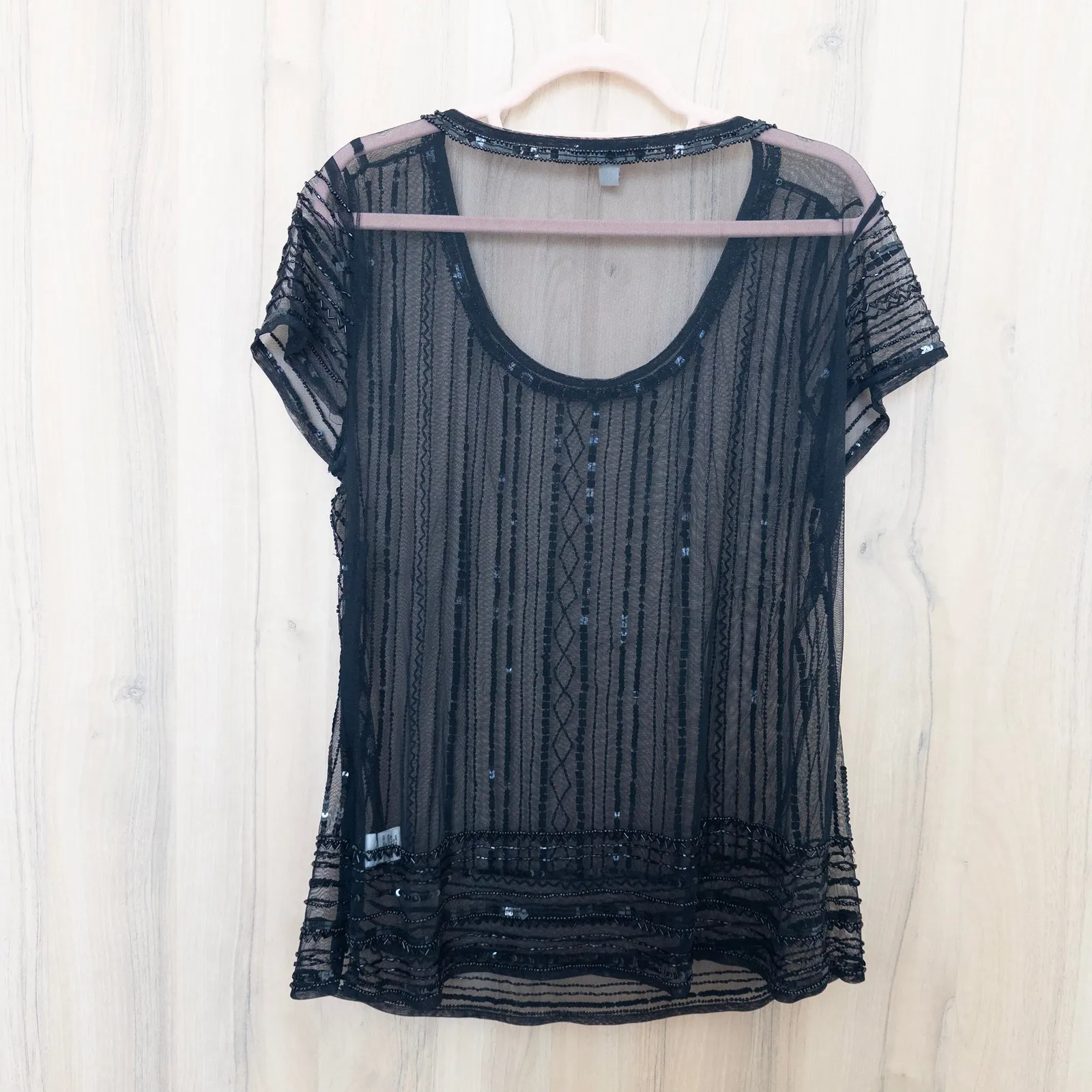 Womens Sheer Beaded Top Size XL Black Short Sleeve Mesh Party Art Deco Gatsby - Image 7