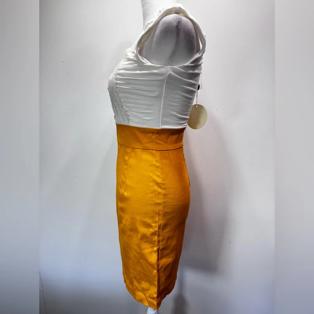 Alythea Ivory & Yellow Twofer Dress Milkmaid Bodice Pin Up Bodycon Pencil Skirt - Image 5