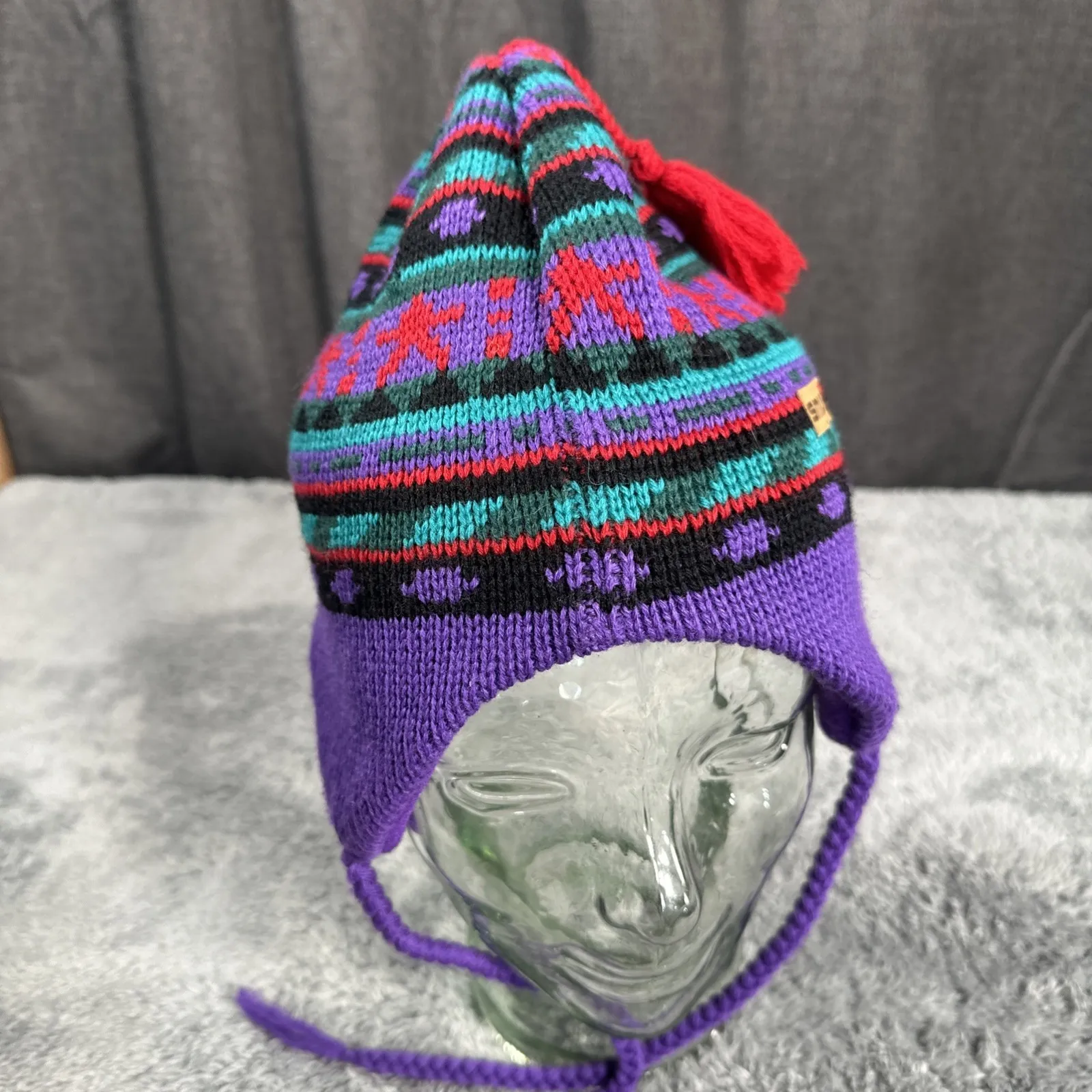 Vintage Smiley Stocking Cap Pom Pom Ski Beanie 100% Wool Purple Women's SZ L - Image 3