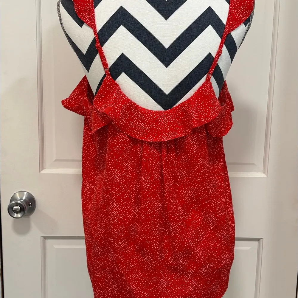 Collective Concepts Flutter Sleeve Tank Top Polka Dot Orange/White Flowy Ruffle - Image 3