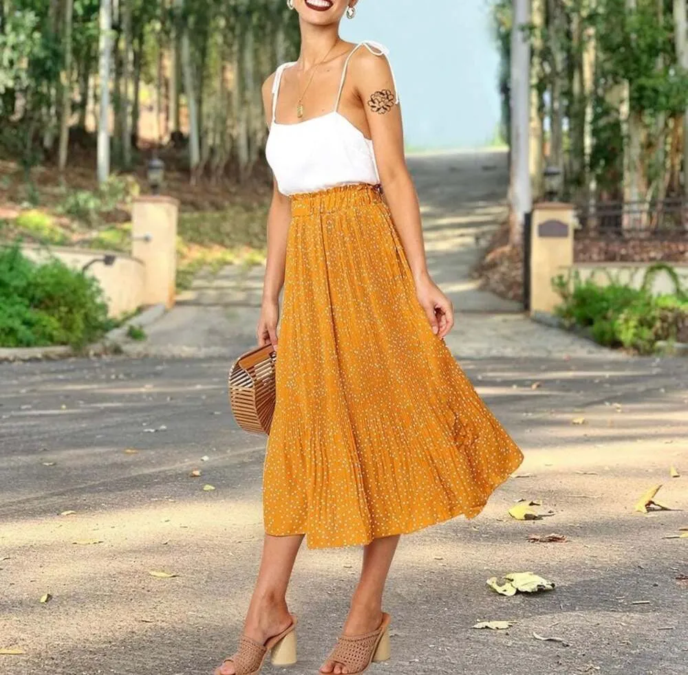 EXLURA Women's High Waist Mustard Yellow Polka Dot Pleated Midi Skirt w Pockets - Image 5