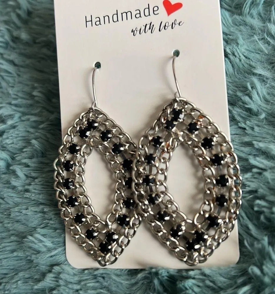 Silver and Black Oval Shaped Earrings - Image 2
