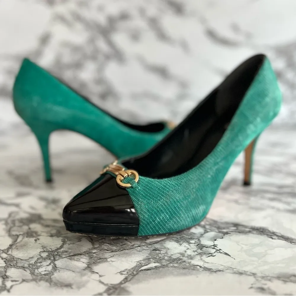 WHBM Samantha Pumps Green Colorblock Patent Leather Embossed Heels 8.5 - Image 2