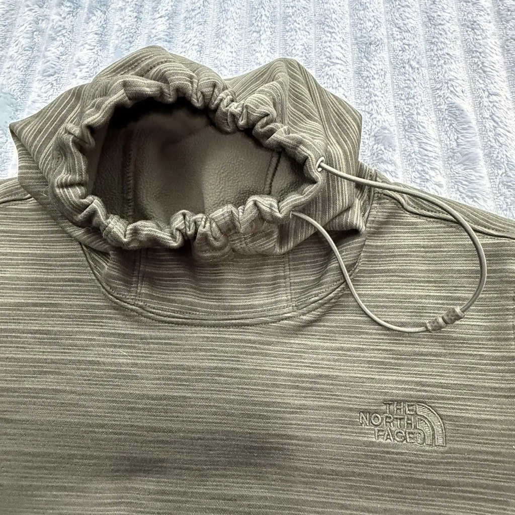 North Face Fleece Lined Pullover Small Long Sleeve Green Drawstring Funnel Neck - Image 6