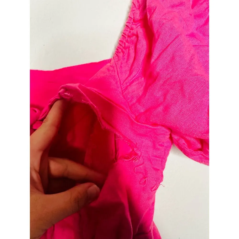 LOUNA Pink Linen Blend Tiered Puff Sleeve Tie Back Square Neckline Mini Dress S - Image 11