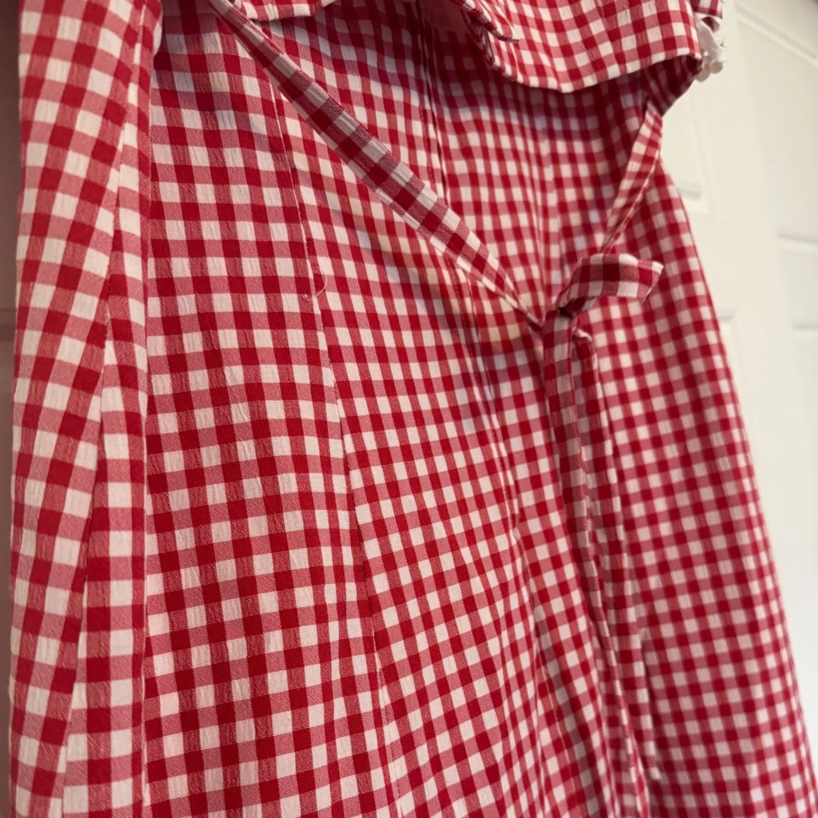 Vintage sz M Women Red Gingham Plaid Crochet Tiered Tie Waist Zip Maxi Dress 90s Size M - Image 8