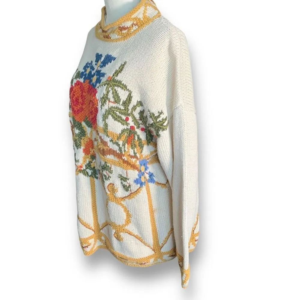 Vintage Lizi Ruch Cream Floral Embroidered Mock Neck Neutral Pullover Sweater Red - Image 2