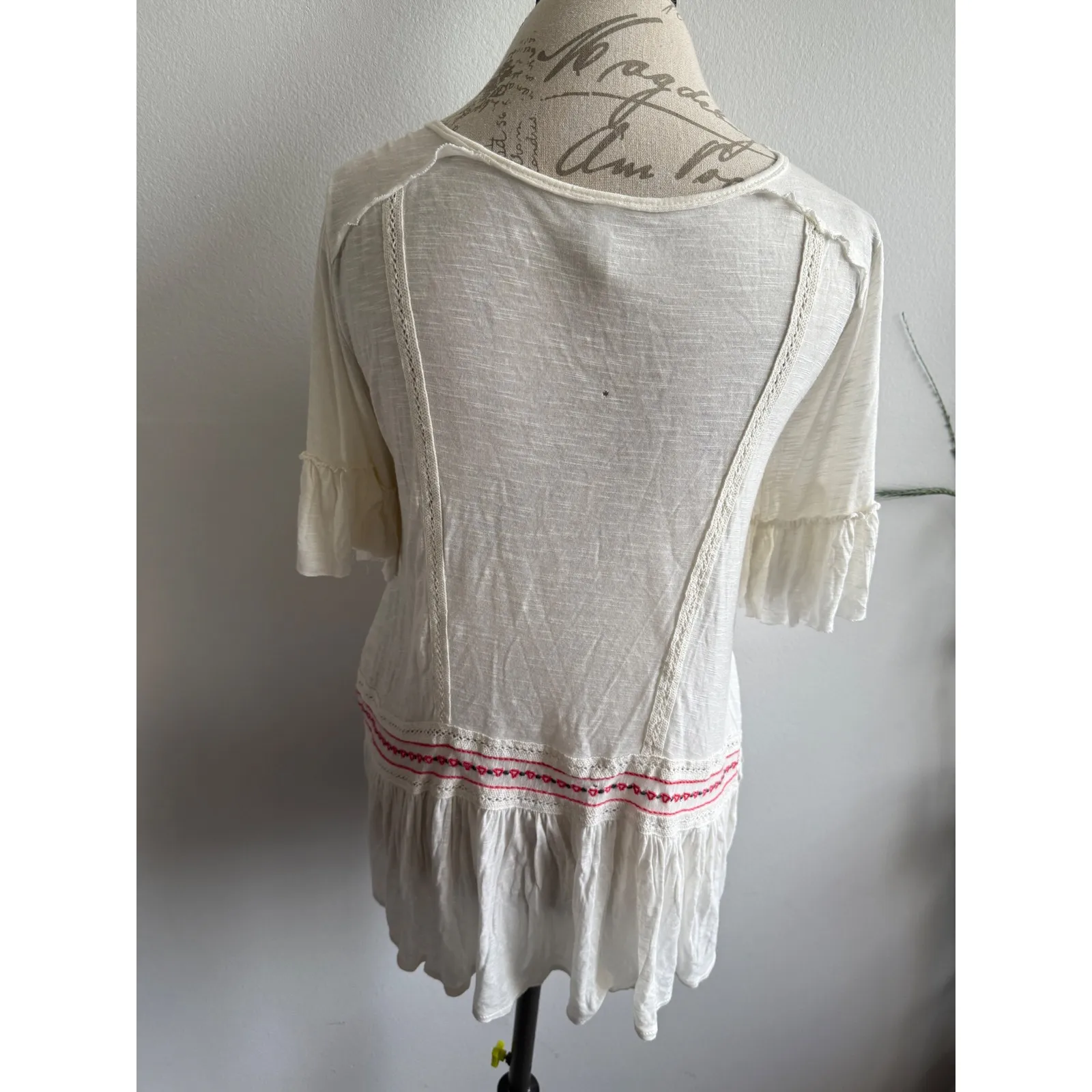 Free People Cream‎ Embroidered Lace Up Tunic Top Bell Sleeve Boho - Image 4