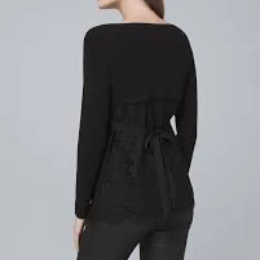 WHBM Black Long Sleeve crochet detail tie back accent Sweater size sm - Image 2