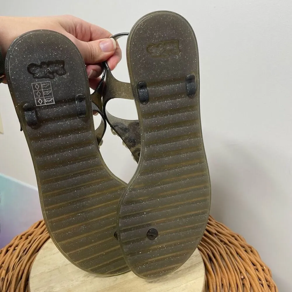 COACH Thong JELLY SANDAL Tea Rose T-STRAP Flat Shoe BLACK & GLITTER SZ 8 Summer - Image 6