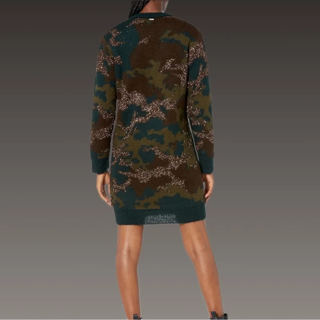 NWT GUESS Deanna Camo Sweater Dress Green Bronze Knit Long Sleeve XS - Image 2
