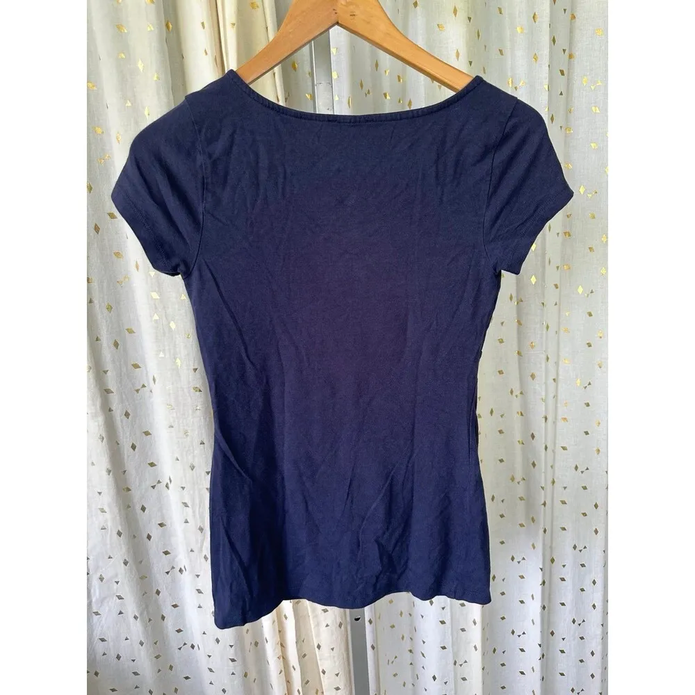 Express Women's Pima Cotton Sold Navy Boat Neck Peek A Boo Chest Cut Out Top S - Image 4