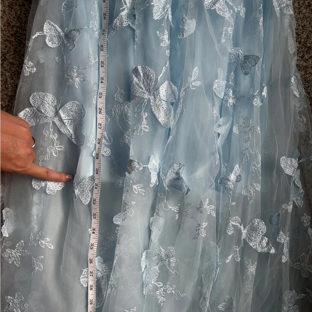 3D Butterfly Appliqué Tulle Light Blue Lace Dress Maxi Formal Prom Medium Large - Image 7