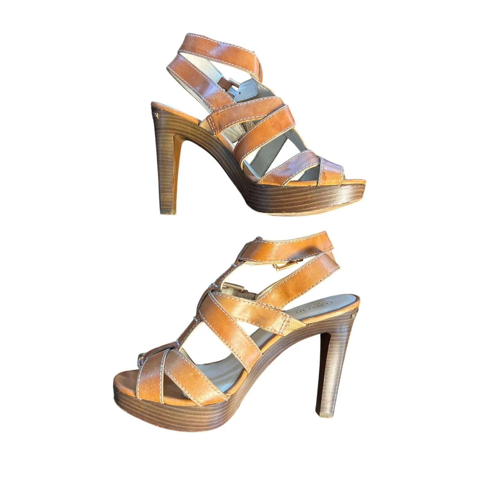 Coach Stefanie Vacchetta Camel Leather High Heeled‎ Strappy Sandal Shoes Sz 9.5B - Image 2