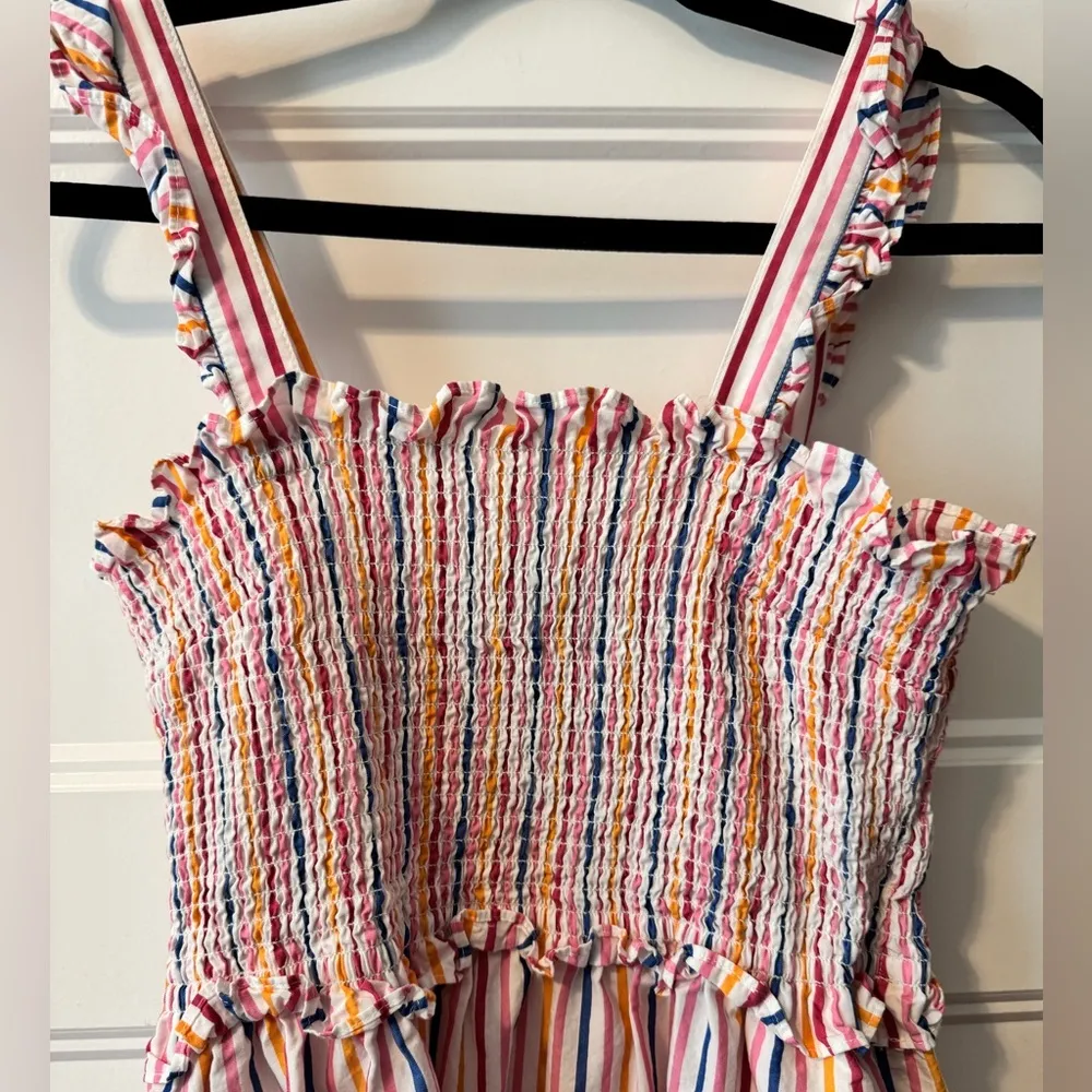 DRAPER JAMES Kimberly Multicolored Striped Ruffle Smocked Midi Dress Size Small - Image 3