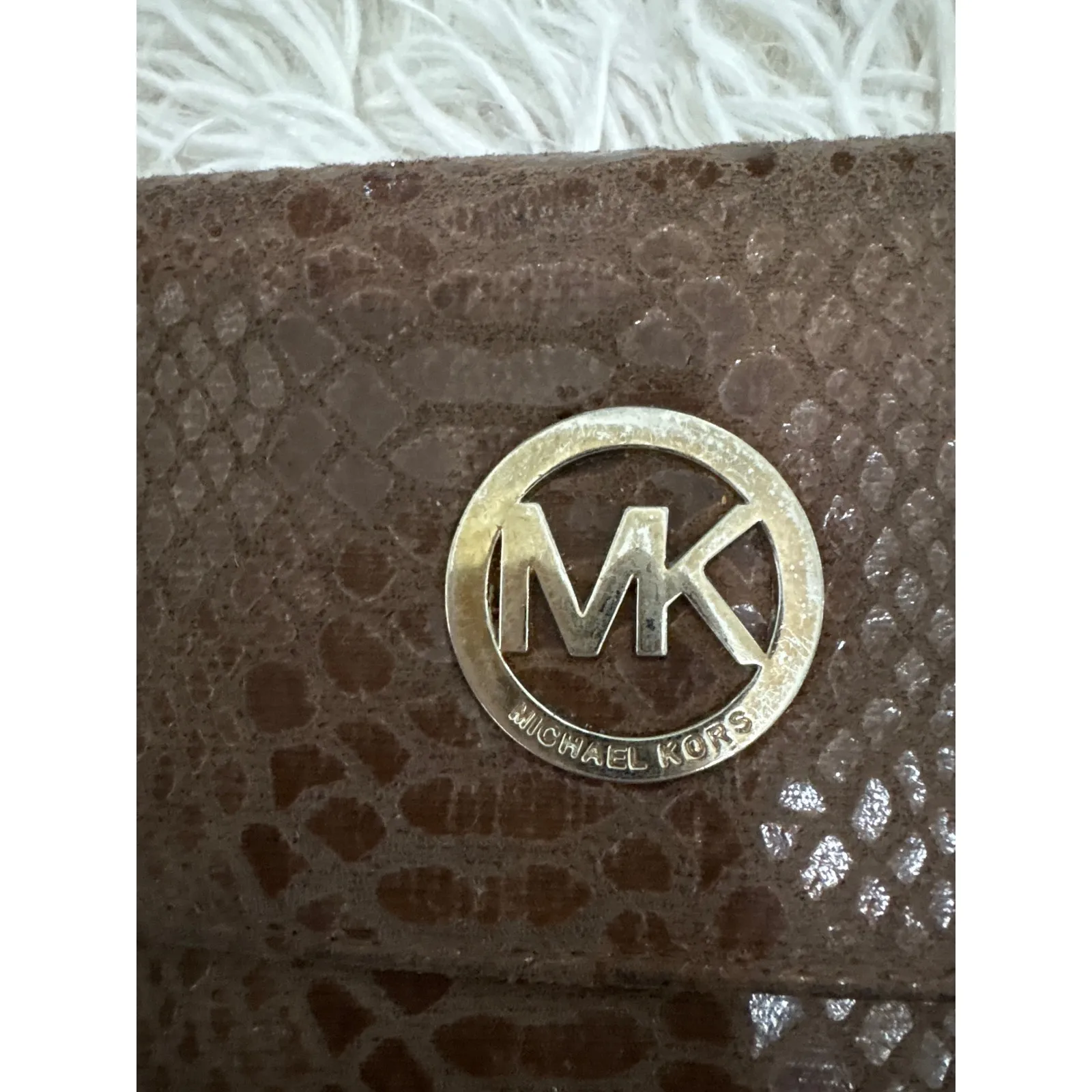 Michael Kors Brown Snakeskin Embossed Leather Clutch Wallet MK Logo - Image 6