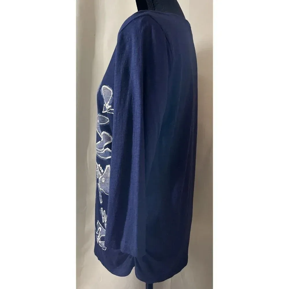 Chicos 2 US Medium Floral Blouse Midnight‎ Blue Fade Jenny Knit Top Artsy Boho - Image 5