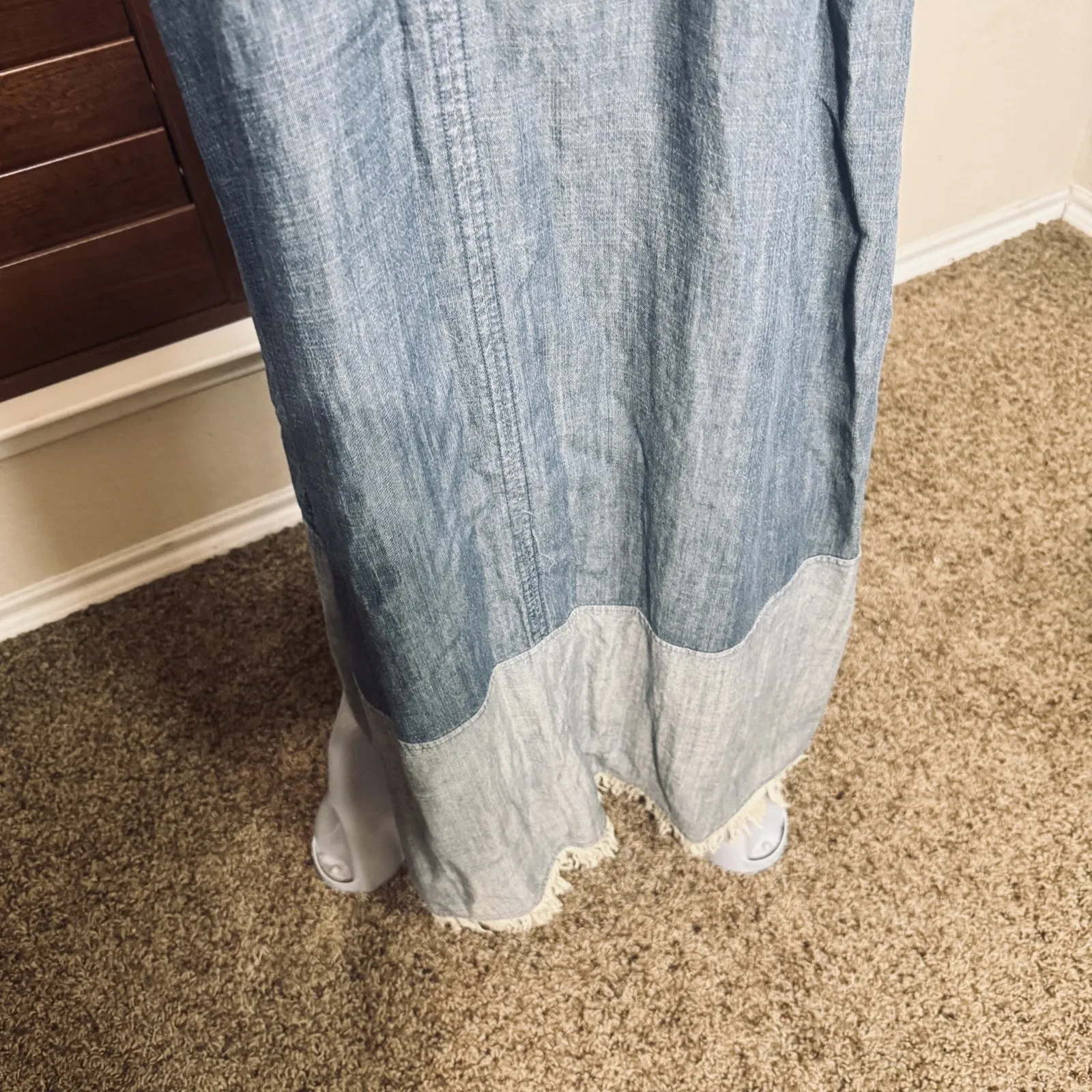 Hope & Harlow Denim Chambray Dress Linen blend Midi fringe high low hem sz 6 Blue - Image 4