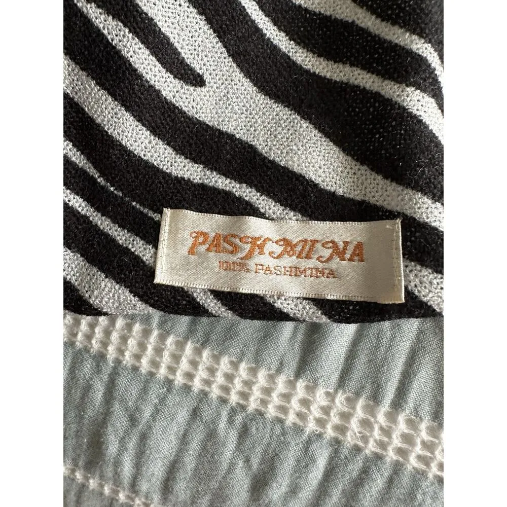 Pashmina Scarf Shawl Wrap White Black Zebra Animal Stripe Fringe 28" x 60" - Image 3