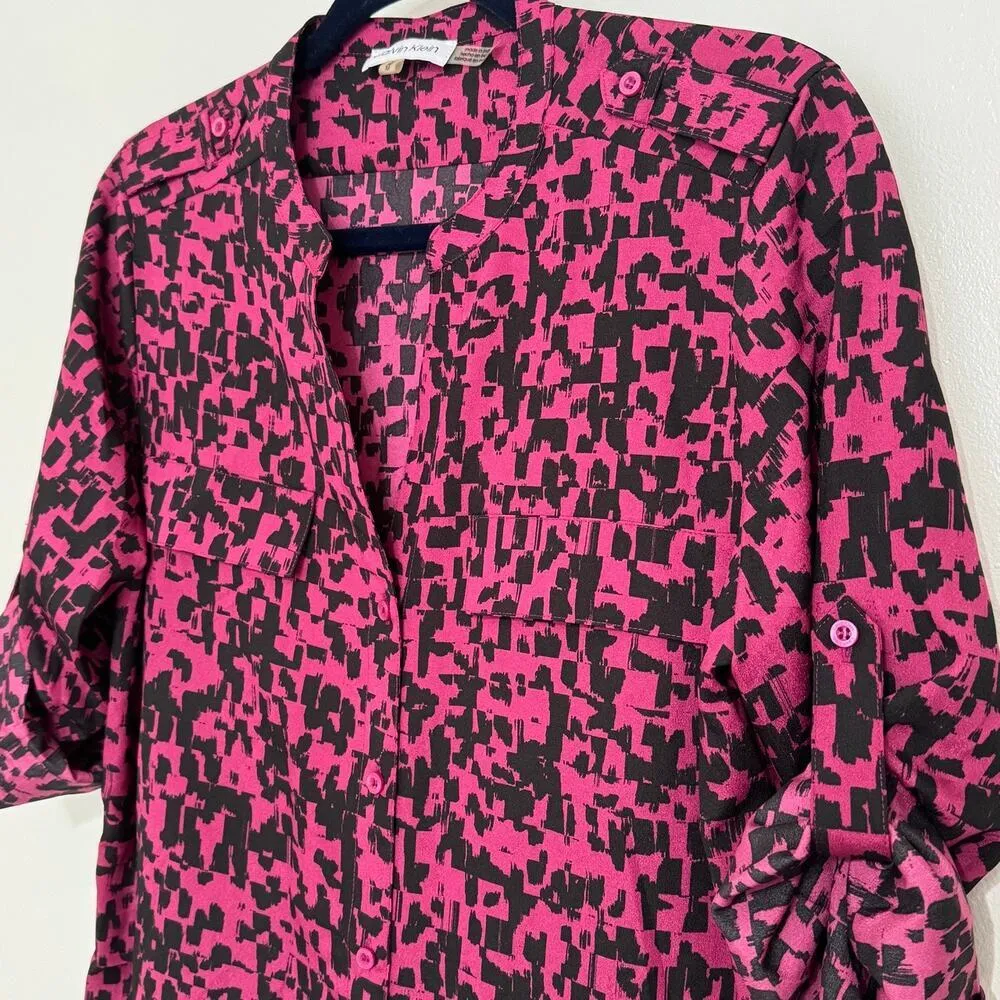 CALVIN KLEIN Geometric Long Sleeve Button Down Blouse Crepe Fuchsia NWOT Medium - Image 5