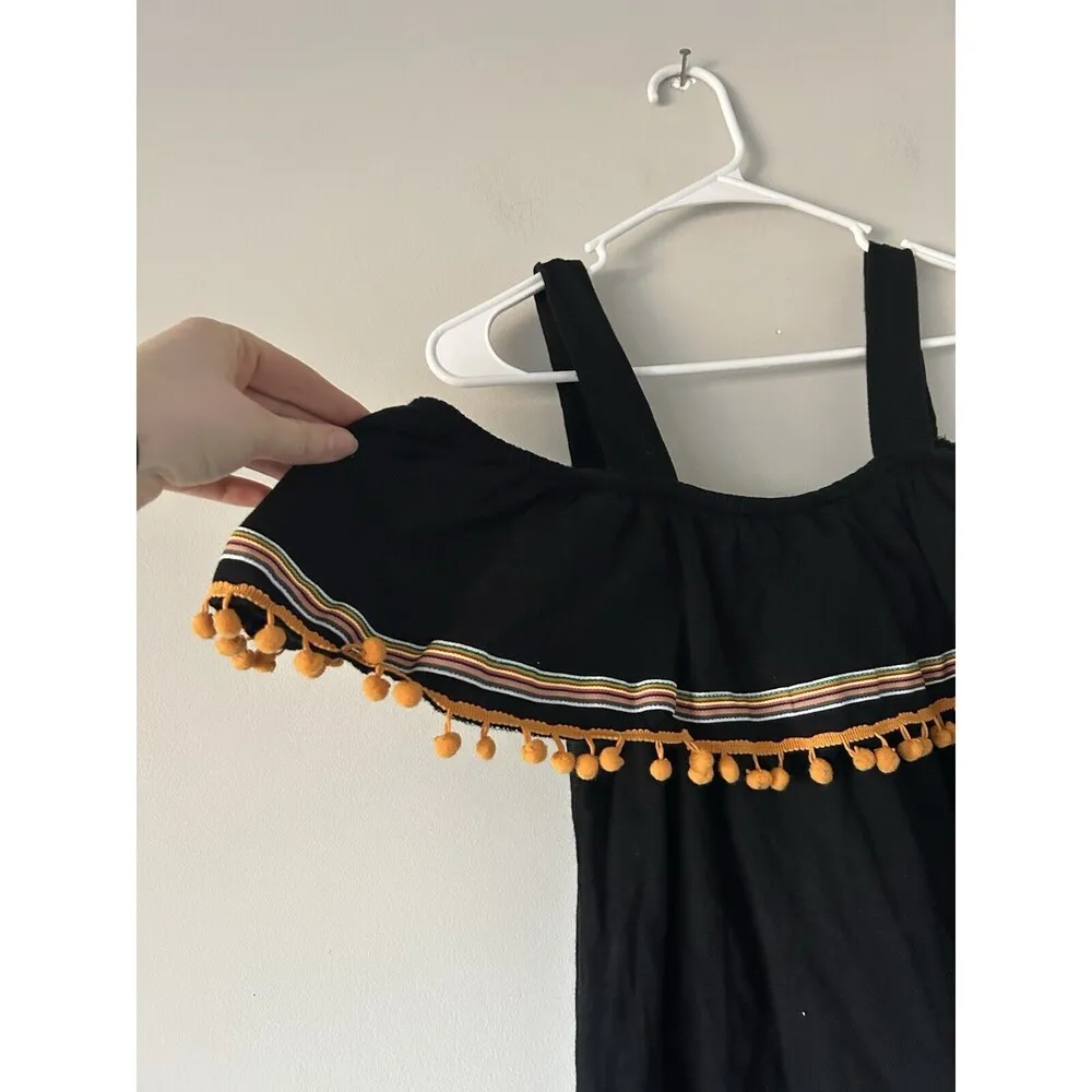 ASOS Off The Shoulder Black Cotton Sun Dress with Pom Poms Size 8 Summer - Image 9