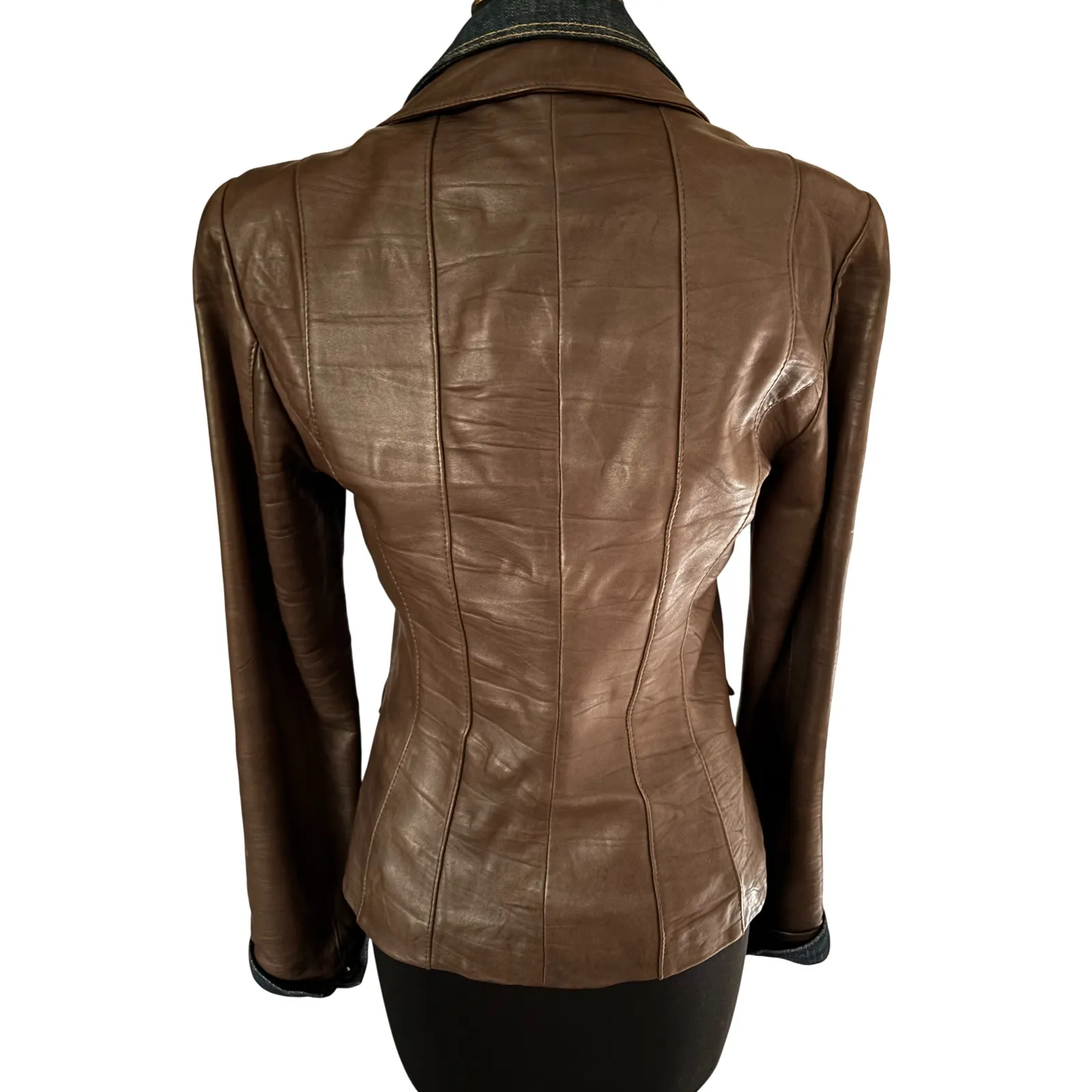 Cache Butter Brown Leather Denim Front Button Jacket 2 for 1 Lined $298 Sz 6 - Image 6