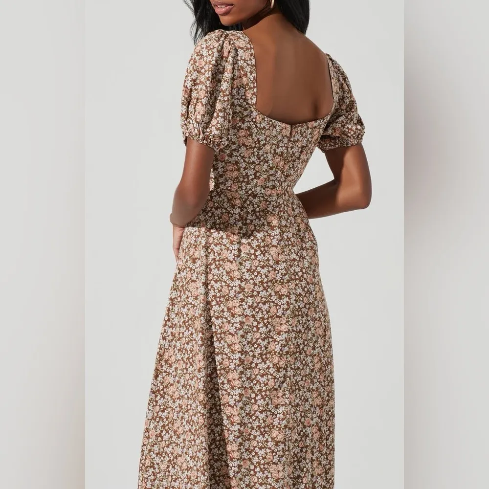 ASTR Lace Up Puff Sleeve Midi Dress in Brown Floral Size Small NWT - Image 7