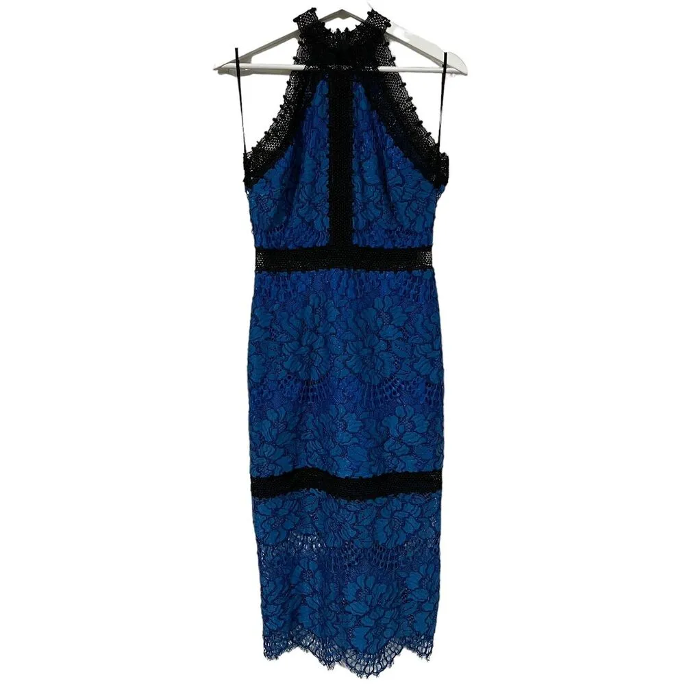 Alexis Size S Julianna Dress Blue Black Lace Halter Midi Bodycon High Neck Gown - Image 2