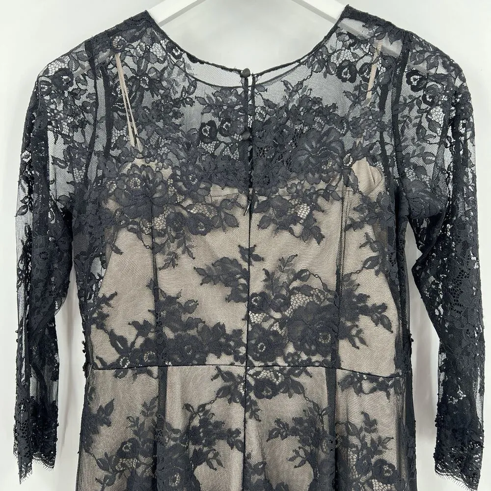 Rickie Freeman Teri Jon 3/4 Sleeves Lace Overlay Ruched Gown Black Beaded Size 8 - Image 7