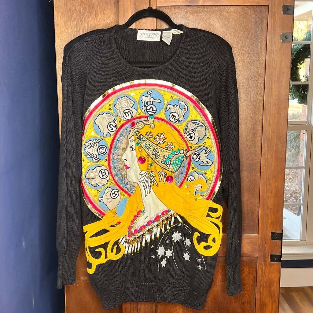 80s Vintage Bonnie Boerer Art Sweater Zodiac Astrology Beaded Black Knit Size S - Image 4