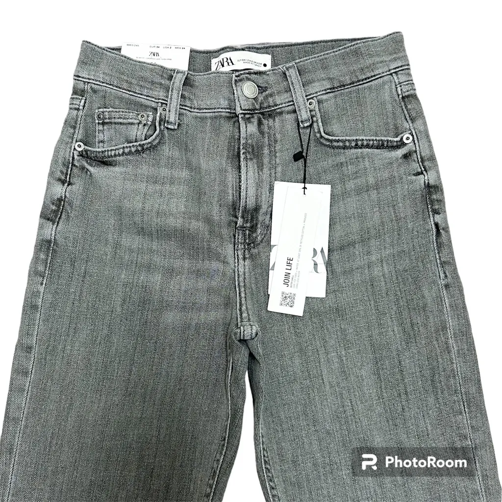 Zara Washed Out Grey Cropped High Rise Slim Fit Straight Leg Jeans Denim NWT 2 - Image 2