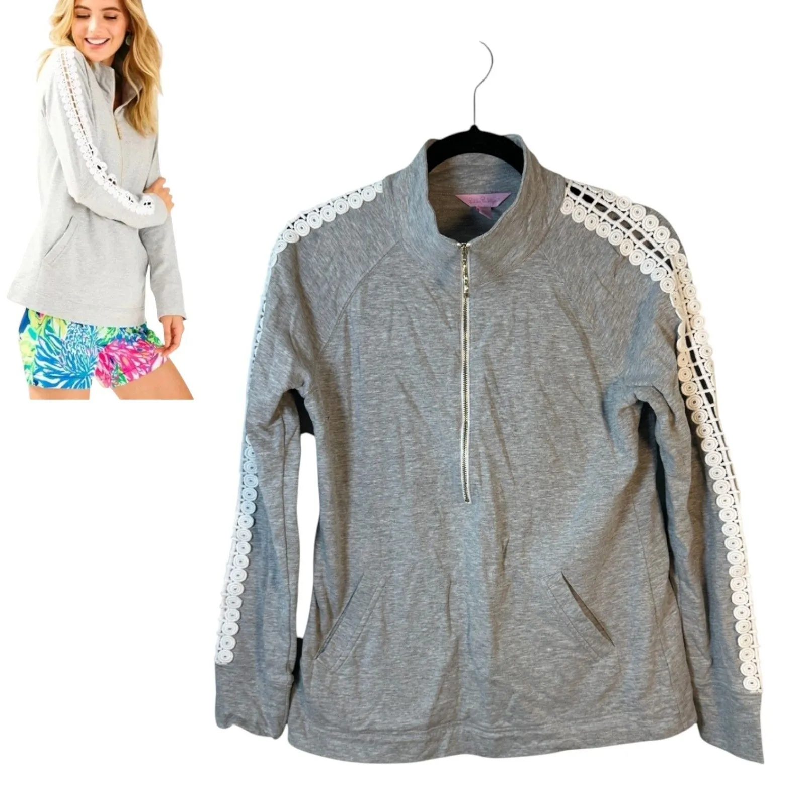 Lilly Pulitzer Skipper Solid Popover Lace Sleeve 1/4 Zip Seaside Grey Size Small - Image 2