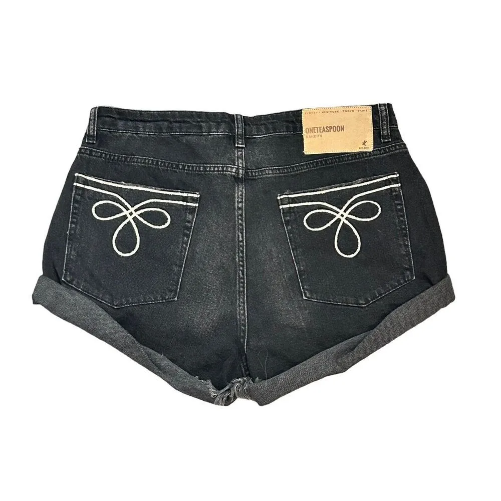 One Teaspoon Shorts Womens 32 Washed Black Royale Bandit Denim Mid Rise NEW - Image 4